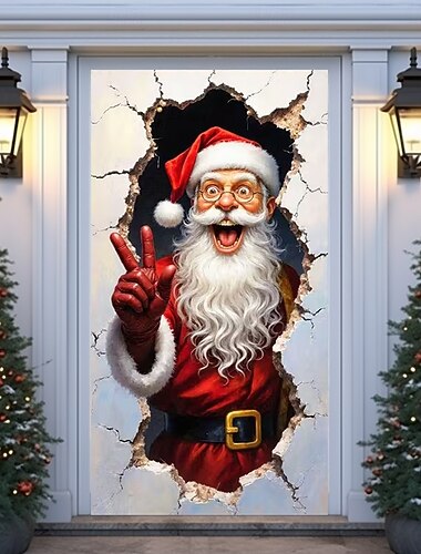 Housse de porte de Noël, décoration de vacances d'hiver, rideaux avec motif Père Noël perçant le mur sur fond blanc pour la maison, l'entrée, le salon, la chambre à coucher, décoration intérieure et   Housse de porte de Noël, décoration de vacances d'hiver, rideaux avec motif Père Noël perçant le mur sur fond blanc pour la maison, l'entrée, le salon, la chambre à coucher, décoration intérieure et