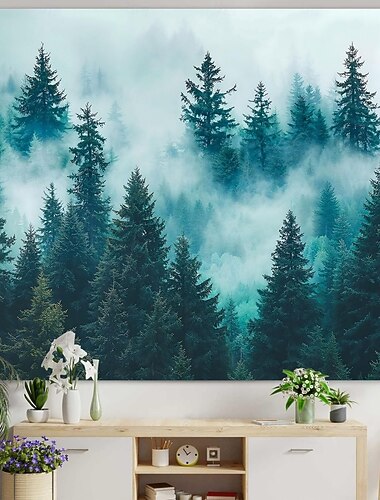 壁掛けタペストリー 神秘的な森の霧の風景 木の景色 大きなアート 壁画 装飾 ブランケット カーテン 吊り下げ 自宅 寝室 リビングルーム 寮 壁飾り