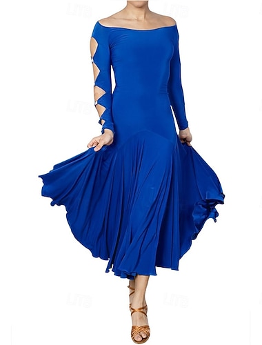  Sukienka do tańca towarzyskiego dla kobiet, z odkrytymi ramionami, z długim rękawem, do tańca latynoamerykańskiego, do tanga, na konkurs, z wyciętymi rękawami – królewsko niebieska