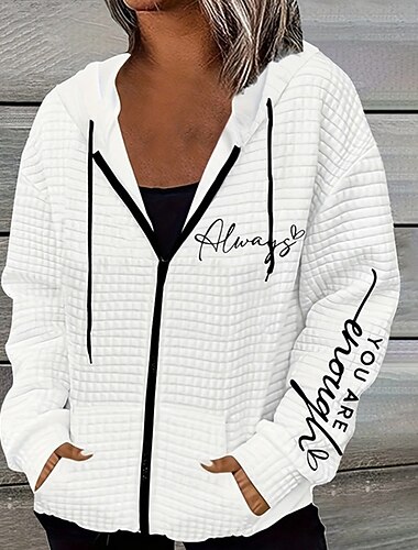  Γυναικεία Υφασμάτινα μπουφάν Φούτερ με φερμουάρ Με Κουκούλα Γράμμα Αθλήματα Μοντέρνα Καθημερινό Μακρυμάνικο Με Κουκούλα Κανονικά μπλουζάκια Δρόμος Καθημερινή Ένδυση Φερμουάρ Τσέπη Στάμπα Λευκό