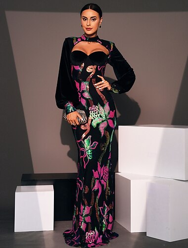  Tuubi Kokopitkä Tanssiaispuku viitalla Iltapuku Muodollinen mekko Tyylikäs Kimaltava Pitkähihainen poolokaulus Muodollinen Häät Paljetein koristeltu Sametti kanssa Rypytetty Paljeteilla Halkio