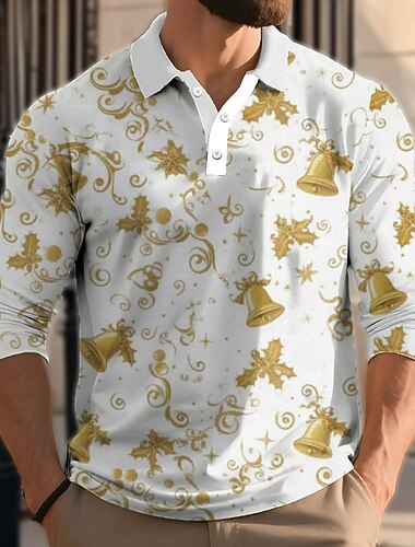  Jul Herre Juleklokke Polo Langermet Poloskjorter Knaphul Fritid utendørs Dagligdagstøy Festivalantrekk 3D-utskrift Knapper Vår Høst Vinter Rød Gull