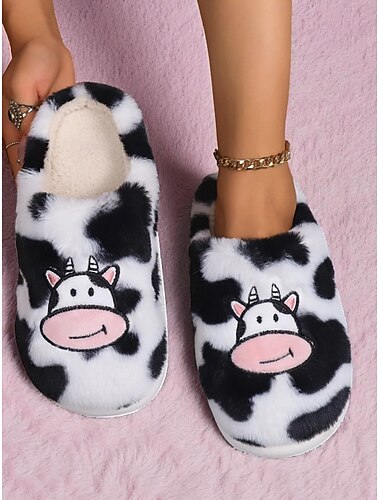  Dames pantoffels met koeienprint en harige details – schattige, zachte instappers voor binnen voor de winter, thuis en in de lounge