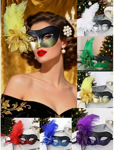  Grüne Federmaske für Damen mit Blumenschmuck für Weihnachtsfeier, Ball &Karneval