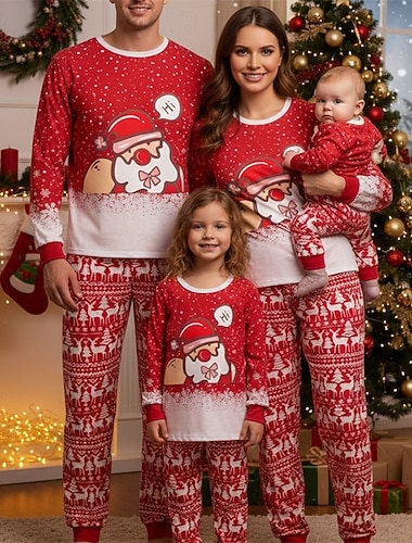  Familiestil Jul Julefamiliepyjamas Pyjamas Familiesett Grafisk julenissen Hjem Trykt mønster Rød Langermet Daglig Matchende antrekk