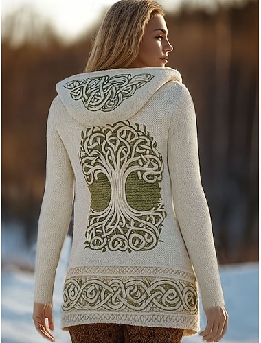  女性用 カーディガン 日常 カジュアル フラワー グラフィック 幾何学模様 リブ フード付き パッチワーク ポケット ボタン 長袖 レギュラートップス ニット アウトドア 週末 ベージュ 秋 冬