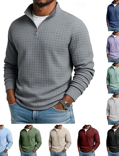  Homme T-shirt gaufré T-shirt T-shirt avec fermeture éclair 1/4 manche longue Col montant Automne & Hiver Automne Hiver Couleur Unie Tricots Quotidien Occasionnel Zip Up Occasionnel Quotidien Extérieur
