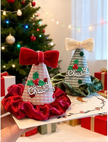  Weihnachtsparty-Hut-Haarspangen-Set für Damen, karierte Mini-Baum-Kopfbedeckung mit Samtschleife und Stechpalmen-Dekor, festlicher Haarschmuck für Feiertagsfeiern