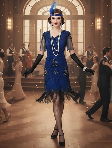  Setti Retro / vintage Möly 20s 1920-luku Polvipituinen Mekko Coctail-asu Hieno puku lisävarusteiden kanssa Lyhyet hihat Suuri Gatsby Flapper tyttö Paljetti Tupsu V kaula-aukko Naamiaispuku Naisten