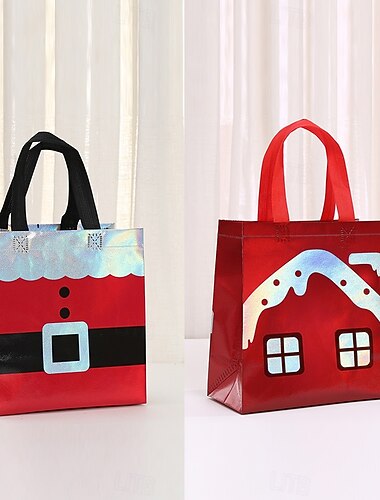  12 multifunktionale Weihnachtstaschen aus Vliesstoff zum Verpacken von Geschenken und zum Einkaufen – Leckerli-Taschen mit Griffen für Weihnachtspartys (2 Stile)