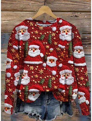  Świąteczna damska bluza z Mikołajem grafika luźna z długim rękawem okrągły dekolt regularne topy do użytku domowego i ulicznego codziennie casualowe czarna jasnozielona różowa czerwona niebieska na