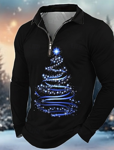  Noël Homme Arbre de Noël Polo manche longue Col Rabattu Moderne Loisir Sport & Loisir Décontracté Quotidien Festival Fermeture éclair Impression 3D Printemps Automne Hiver Noir Rouge Vert