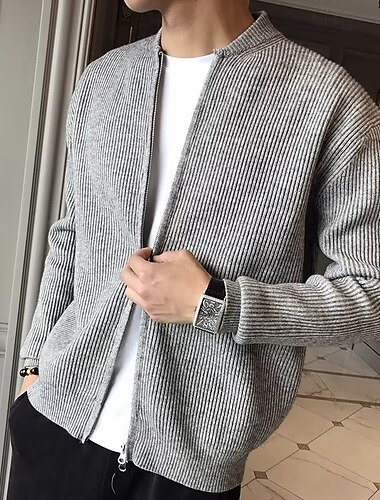  Homme Pull Gilet Cardigan Pull zippé Côtelé Tricoter Hauts Réguliers Tricoté Couleur Unie Col montant Vacances Mode Occasionnel Tenue quotidienne Vêtement Tenue Printemps & Automne Noir Kaki S M L