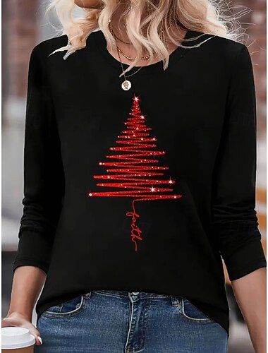  חולצת טי לנשים לכריסמס עם עיצוב עץ חג המולד אופנתית וינטג' יפה קלאסי ארוך שרוול צווארון עגול טופים רגילים יום יומי סוף שבוע הדפסה שחור סתיו חורף