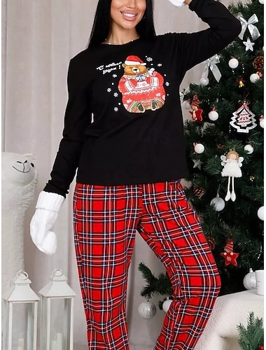  Weihnachtspyjama für Damen, Loungewear, Pyjama-Set, warm, aktiv, Sport, Grafik, Cartoon, Hose, Weihnachten, Neujahr, langärmelig, rot, Frühling, Herbst, Winter, normale Passform