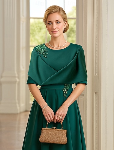  A-linja Polven yli Juhlamekko Coctail-asu Leveähelmainen mekko Puolihiha Tiukka pyöreä kaula-aukko Tyylikäs Vintage Juhla Polyesteri Morsiammen äidin asu kanssa Laskokset Kirjonta