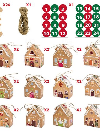  24 stuks kersttraktatiedozen, snoep, peperkoekenhuisje, mini-kerstfeest-gunstdoos, kleine kartonnen geschenkverpakking voor kerstvakantie, feesttraktatie, koekje, lekkernij, snack, geschenkverpakking