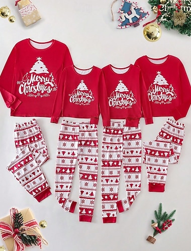  Familie udseende Jul Julefamiliepyjamas Pyjamas Familiesæt Grafisk Juletræ Hjem Trykt mønster Rød Langærmet Daglig Matchende outfits