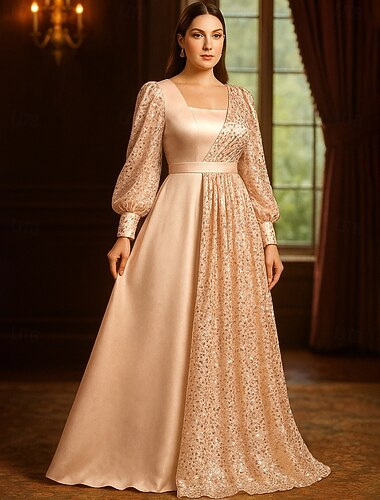  Linea ad A Lunghezza al pavimento Abito Formale Abito da sera Abito sopragonna Manica Lunga Girocollo Elegante Vintage Taglie Forti Poliestere Abito da cerimonia per signora con Paillettes Blocco di