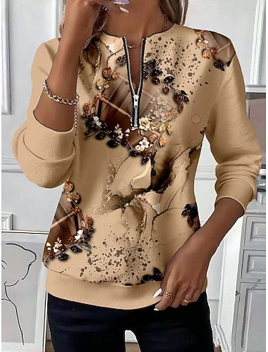  Damen Pullover Sweatshirt Sweatshirts mit Reißverschluss Reißverschluss Druck Blumen Grafik Abstrakt Mode Lässig Langarm Rundhalsausschnitt Normale Oberteile Straße Alltagskleidung Marineblau Fuchsie