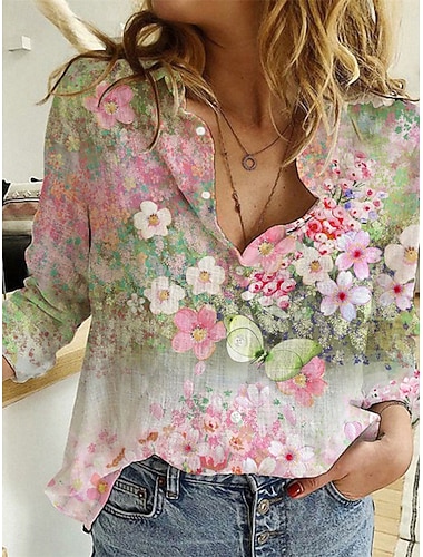  Per donna Camicia Blusa Floreale Moda Informale Manica lunga Colletto Top regolari Giornaliero Bottoni Stampa Viola Verde Estate Primavera