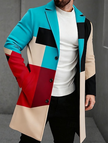  Herren Geometrisch Farbblock Leichte Jacke Mantel Warm Lässig Geschäft Täglich 3D-Druck Knöpfe Fronttasche Frühling Herbst Winter Fallendes Revers Langarm Blau 1 Rote Blau