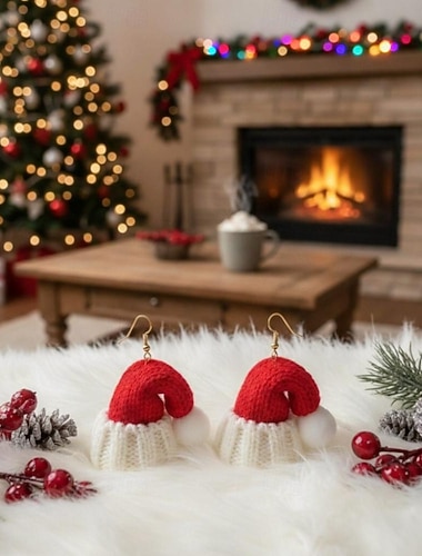  Pletené vánoční náušnice s čepicí Santu – roztomilé červenobílé visací náušnice s motivem zimních svátků pro ženy a dívky