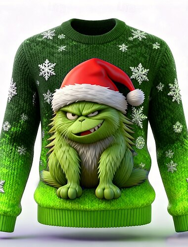  Stygg julegenser Herre 3D-utskrift 3D-tegneseriefigur Pullover genser Strikketøy Crewneck Fritid Feriereise Daglig Festival 3D-utskrift Hold Varm Langermet Vår Høst Vinter Svart Blå Lilla