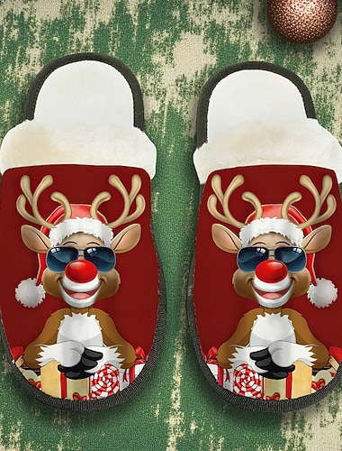  Pantuflas navideñas de reno para hombre: diseño animado divertido, forro de piel acogedor, ideales para regalar en Navidad y para la comodidad en interiores.