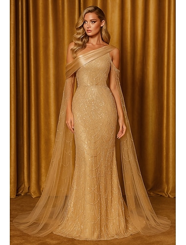  Linjeform Gulvlengde Perlebrodert Formell kjole Kjole til brudens mor Ballkjole med kappe Kveldskjoler Formell kjole Elegant Årgang Glitrende Langermet Enskuldret Bryllup Formell Paljetter med