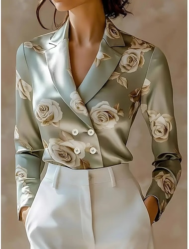  نسائي أنيقة متأنق بقعة بلوزة زهور عتيق يوميا كم طويل قبعة القميص قمصان عادية نبيذ أخضر مشمشي الربيع، الخريف، الشتاء، الصيف