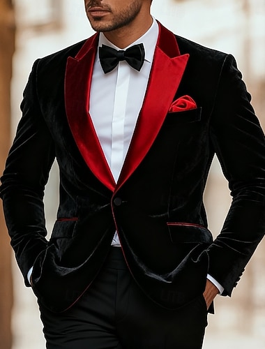  בגדי ריקוד גברים ז'קט בלייזר חליפת ערב רשמי חתונה חג מולד כיס חג מולד מסיבה סתיו חורף כל העונות קטיפה אחיד בסיסי חזה יחיד כפתור יחיד בְּלֵיזֶר שחור