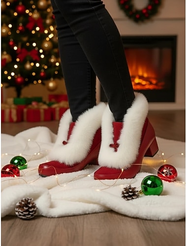  Botines de mujer de estilo retro con forro de piel roja y tacón de bloque: perfectos para las vacaciones de invierno y las celebraciones navideñas
