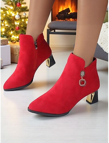  حذاء نسائي من جلد الغزال الأحمر بكعب سميك ذهبي وسحاب جانبي، حذاء أنيق شتوي لحفلات الكريسماس &الملابس اليومية