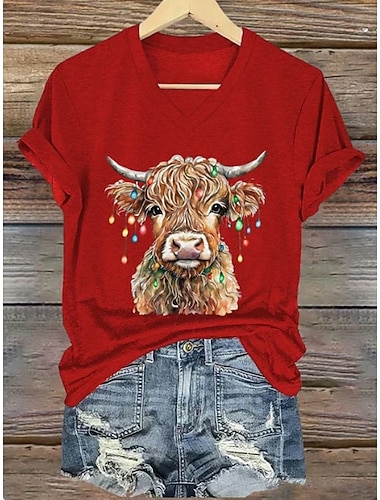  T-shirt da donna grafica animale mucca vintage elegante classica maniche corte scollo a V top regolari quotidiani stampa blu nero bianco rosa rosso estate primavera autunno inverno