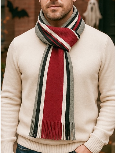 sciarpa natalizia a righe lavorata a maglia da uomo, calda sciarpa invernale lunga con frange, morbido accessorio di moda multicolore per le vacanze, l'outdoor e l'abbigliamento casual   sciarpa natalizia a righe lavorata a maglia da uomo, calda sciarpa invernale lunga con frange, morbido accessorio di moda multicolore per le vacanze, l'outdoor e l'abbigliamento casual