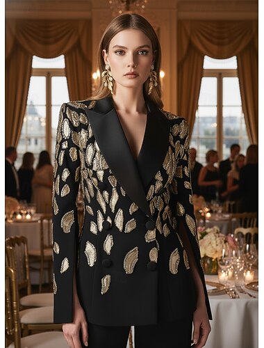 blazer esportivo feminino preto e dourado &Vestido formal flare para convidados de casamento, cetim, lantejoulas, elegante, manga comprida, lapela alta, trespassado   blazer esportivo feminino preto e dourado &Vestido formal flare para convidados de casamento, cetim, lantejoulas, elegante, manga comprida, lapela alta, trespassado