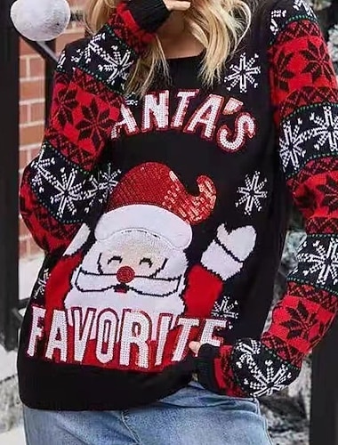  Dámské Vánoční svetr Fair Isle svetr Svetr Rolák Elegantní Módní Roztomilý Pevná barva Grafika Ježíšek Tričkový Pletený Tisk Dlouhý rukáv Běžné topy Plést Vánoce Venkovní Denní Černá Rubínově červená