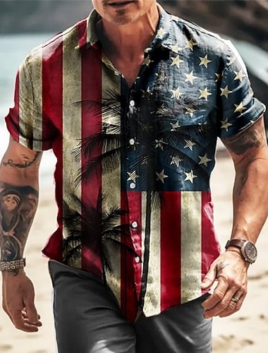  アメリカ独立記念日 男性用 ビンテージ アメリカの国旗 シャツ ボタンアップシャツ 半袖 ファッション ストリートファッション デザイナー 日常 お出かけ アメリカ独立記念日 夏 春 折襟 プリント ルビーレッド ネイビーブルー ブルー グレー