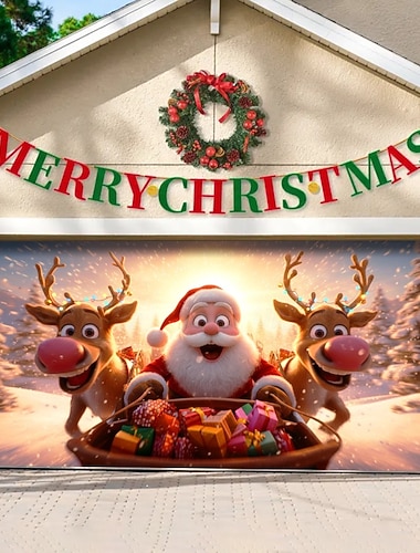  غطاء باب مرآب عيد الميلاد سانتا كلوز مع الرنة والتزلج على شجرة عيد الميلاد والثلوج خلفية كبيرة معلقة في الهواء الطلق لافتة حائط للعطلات في الفناء المنزلي ديكور موسمي احتفالي