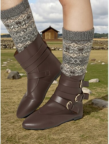  Bottines médiévales en similicuir marron pour femmes avec détail à double boucle, parfaites pour les reconstitutions historiques, les festivals vikings et le cosplay