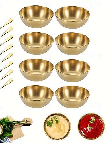  16-osainen ruostumattomasta teräksestä valmistettu pyöreä pieni kastikelautanen, kultainen kastikelautanen, kultainen lusikkasetti