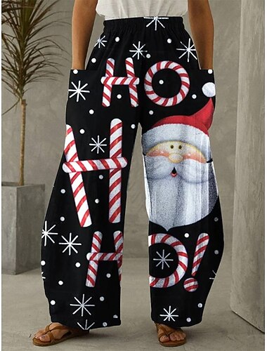  Weihnachts Chinos für Damen mit Schneeflocken Weite Beine Hosen Urlaub Vintage Ethnisch Stil Voll Länge Hohe Taille Pants Ugly Grafik Claus Tasche Elastischer Bund Druck Bequem Atmungsaktivität
