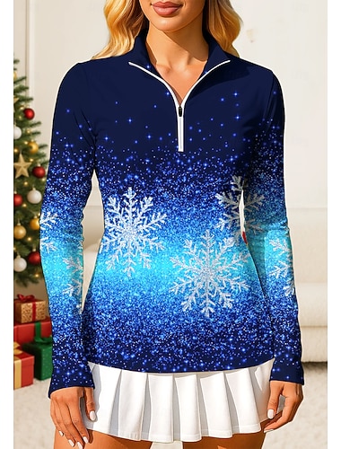  Noël Femmes Dégradé Flocon de neige Sweat-shirt polo Hauts Chemise T-shirt de sport manche longue Imprimé Quart de zip Sweat UPF50+ Résistant aux UV Protection UV Élastique Respirant Volley-ball