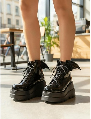  レディース ブラック パテントレザー プラットフォーム アンクルブーツ - バットウィング レースアップ ゴシック パンク シューズ、ハロウィン、パーティー、オルタナティブ ファッションの衣装に最適なチャンキーヒール コスプレブーツ