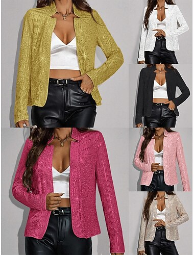  نسائي جاكيت كاجوال مريح متنفس ترتر كاجوال سهل عطلة مناسب للحفلات شارع مناسب للبس اليومي الأمام مفتوح قصيرة مرتفعة عادي كم طويل ملابس خارجية أسود أبيض شامبانيا الربيع الخريف