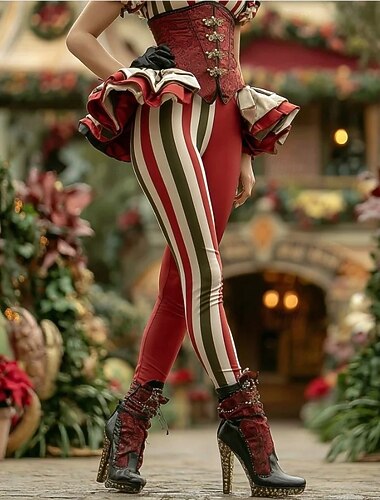  Jul Dame Leggings Ferie Vintage Etnisk Stil Hel Lengde Høy Liv Bukser Stygg Grafisk Stripete 3D Print Hurtigtørkende Pustende Myk Elastisk Utendørs Hjem Casual Ris Hvit Vin