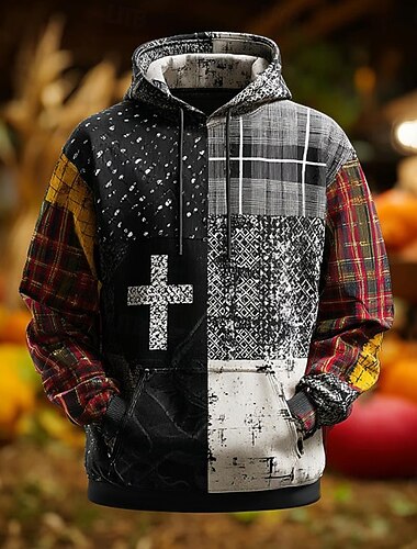  Homme Drapeau Américain Croix Sweat à capuche Sweatshirt Mode Ecossais Occasionnel manche longue Col ras du cou À capuche Extérieur Bureau Vêtements de rue Rouge Marron Cordon de serrage Graphique