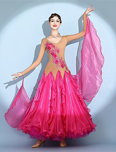  Vestido de baile de salón para mujer, elegante vestido de malla con volantes y apliques florales para vals, tango, foxtrot, competición y actuación.