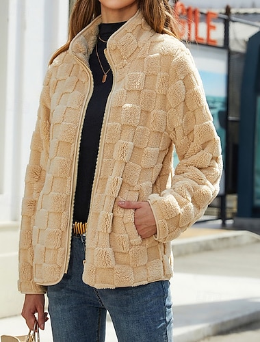  Damen Wintermantel Teddymantel Warm Bequem Reißverschluss Tasche Lässig Einfarbig Urlaub Straße Lässig Alltagskleidung Regulär Stehkragen Normale Passform Langarm Oberbekleidung Schwarz Rosa Blau